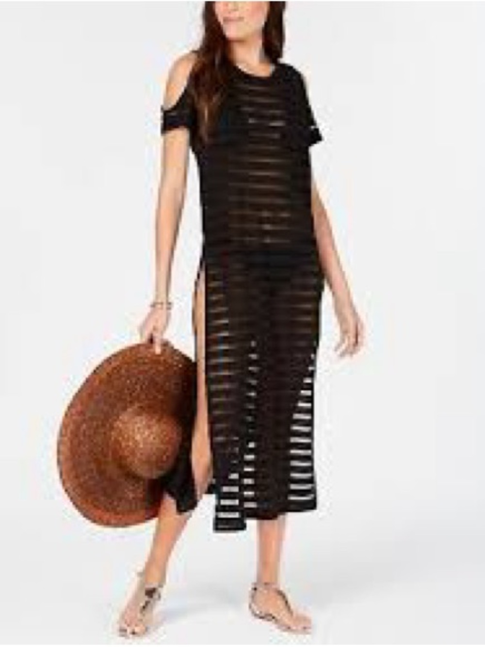 Calvin Klein Black Striped Cold-Shoulder Mesh Swim Coverup